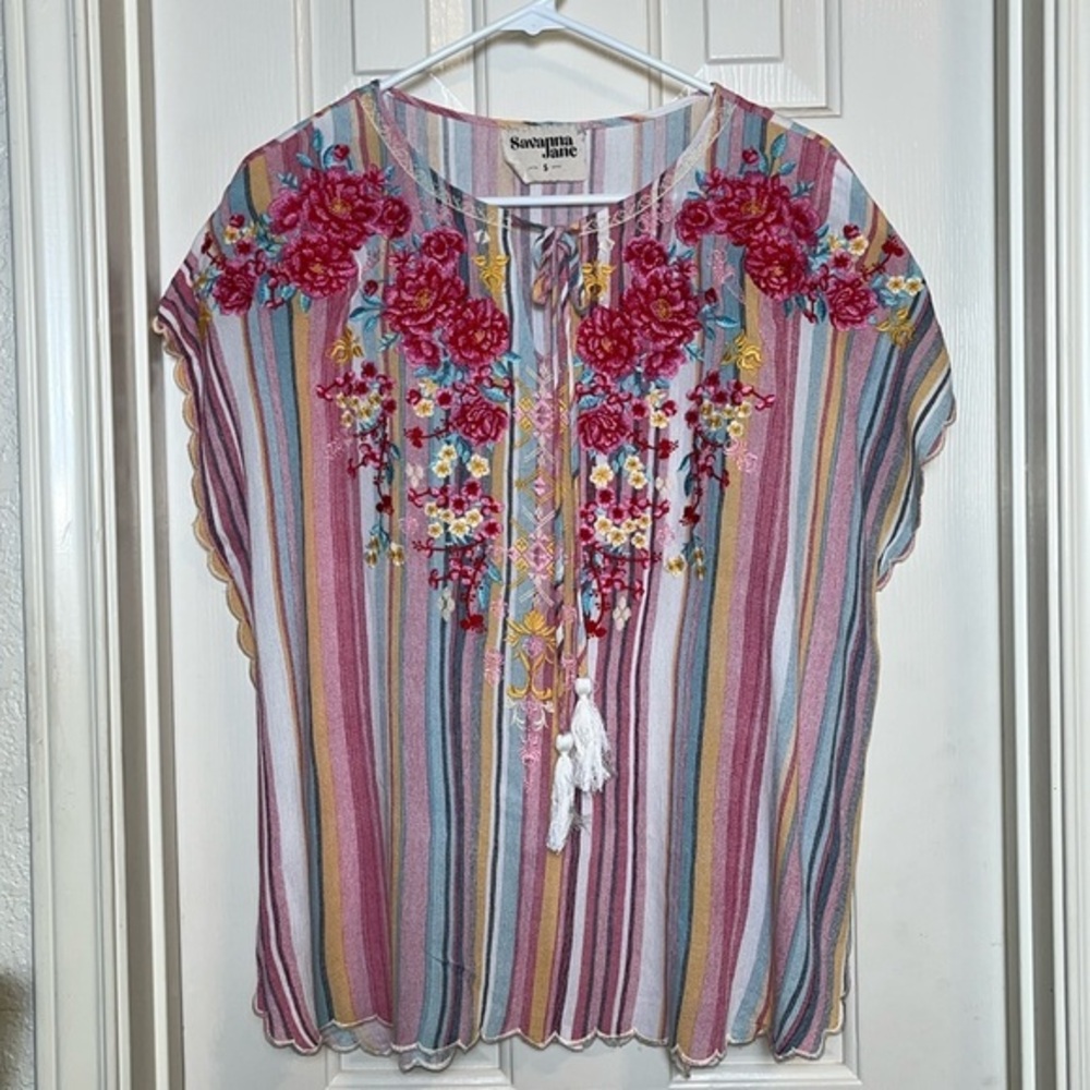 Savanna Jane • Women’s Striped Embroidered Oversized Blouse • Size Small